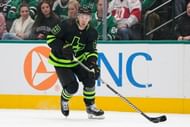 Evgenii Dadonov of the Dallas Stars skates with the puck during the first period against the Detroit Red Wings at American Airlines Center on...